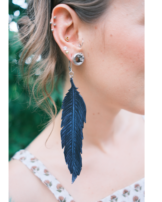 Large Dark Blue Feather Earring
